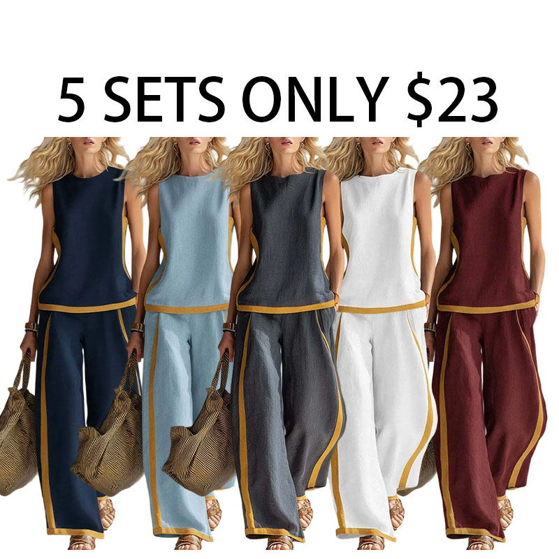 Women's Sleeveless Color Block Top & Wide Leg Pants Set – Casual Summer 2-Piece Outfit