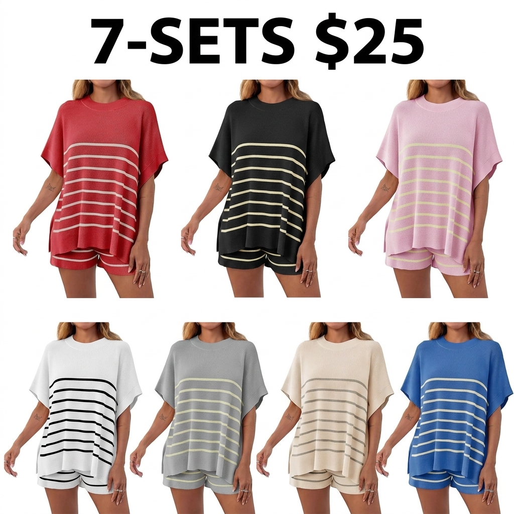 Women's Striped 2 Piece Outfits Oversized Batwing Short Sleeve Tops High Waisted Shorts Summer Knit Lounge Short Sets