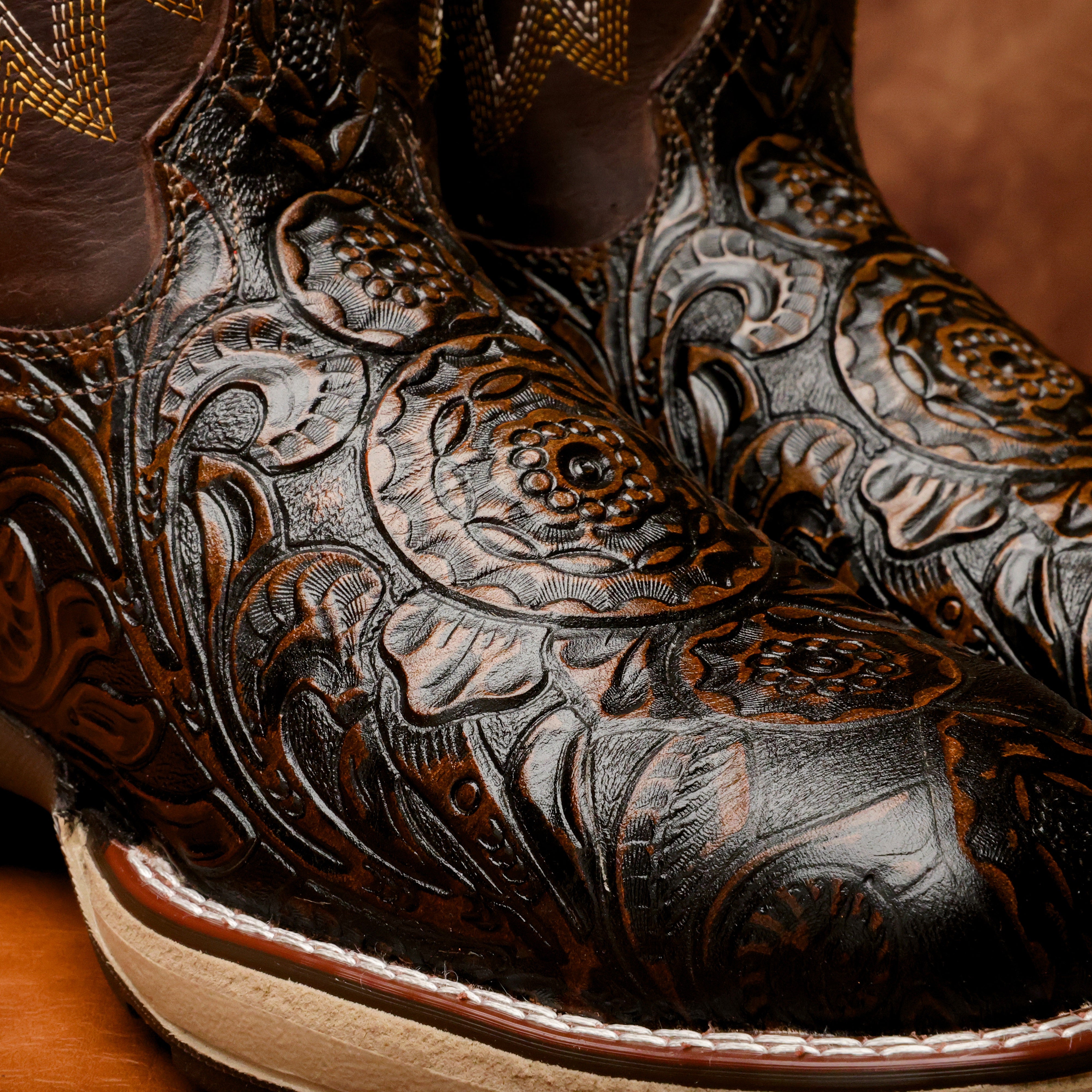 Rustic Brown Hand-Tooled Leather Boots With 3D Lightweight Sole - Composite Toe