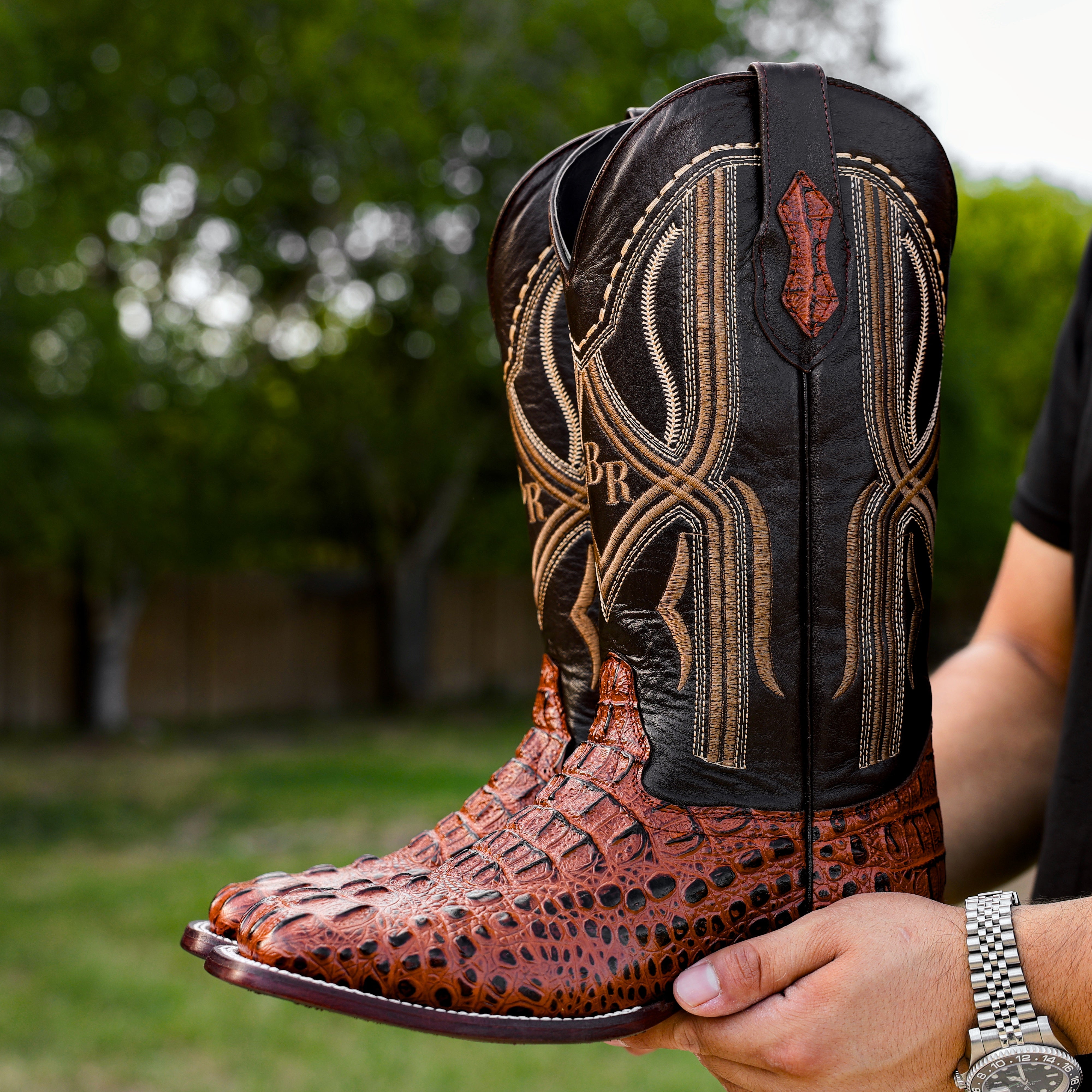 Cognac Caiman Neck Leather Boots - Square Toe