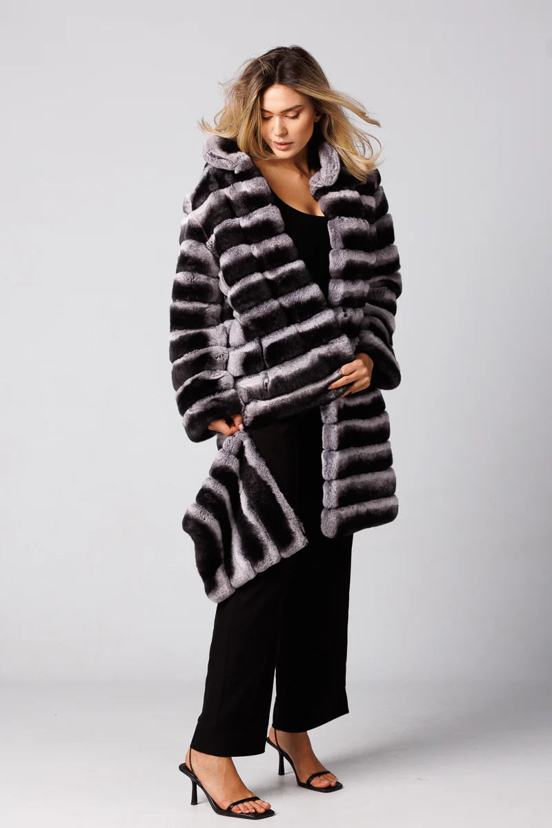 Haină din Blană Naturală de Rex Chinchilla, Long, Transformabilă, Femei, Silver Grey 181