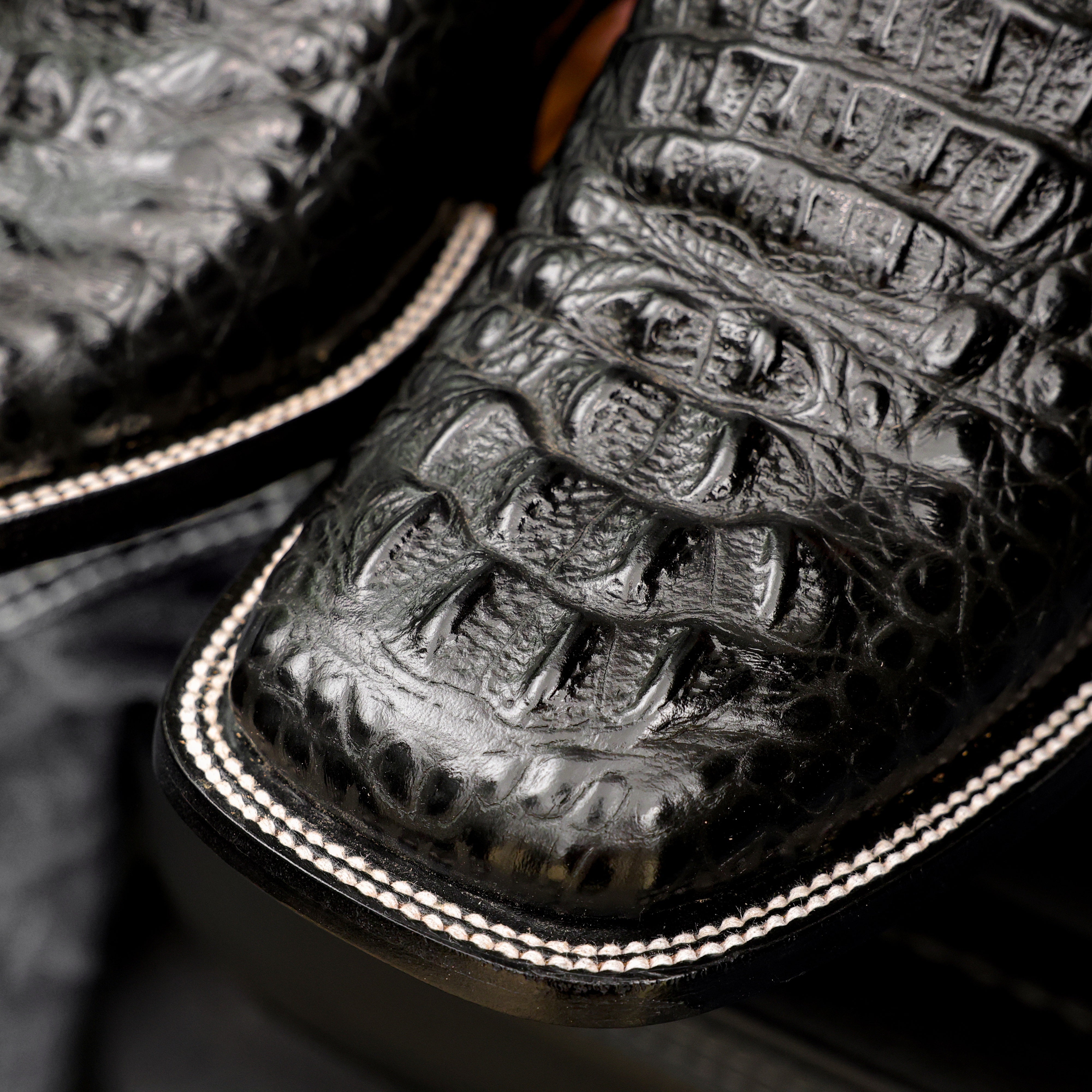 Black Caiman Neck Leather Boots - Square Toe