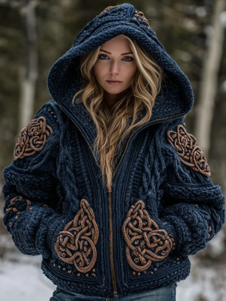 Women's Viking Celtic Knot Cozy Warm Knit Full Zip Hooded Sweater
