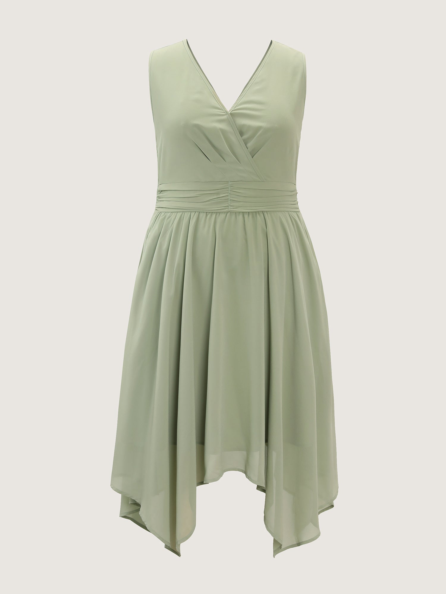 Pleated Waist Pockets High Low Hem Midi Dress