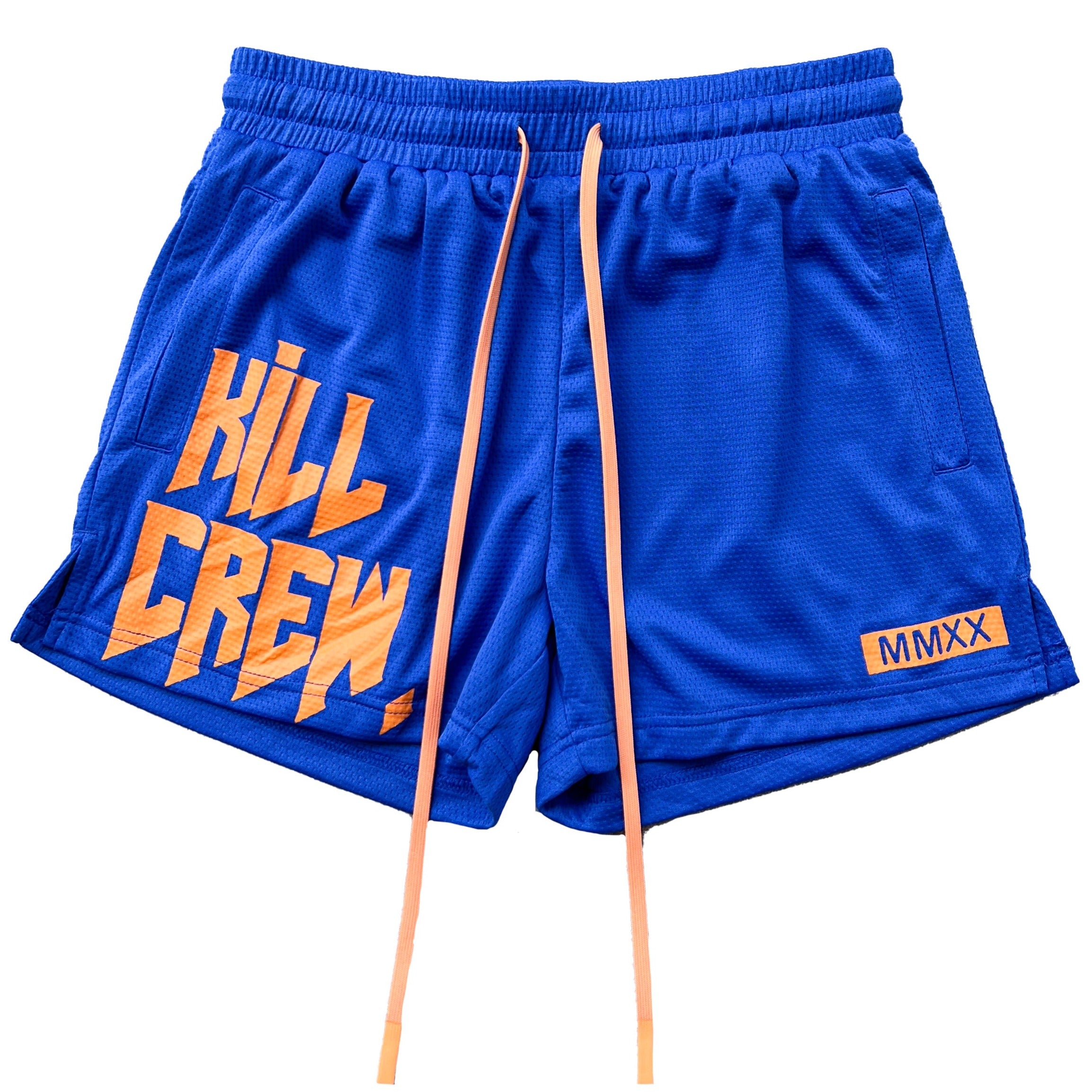 MUAY THAI SHORTS (MID THIGH CUT) - BLUE / ORANGE