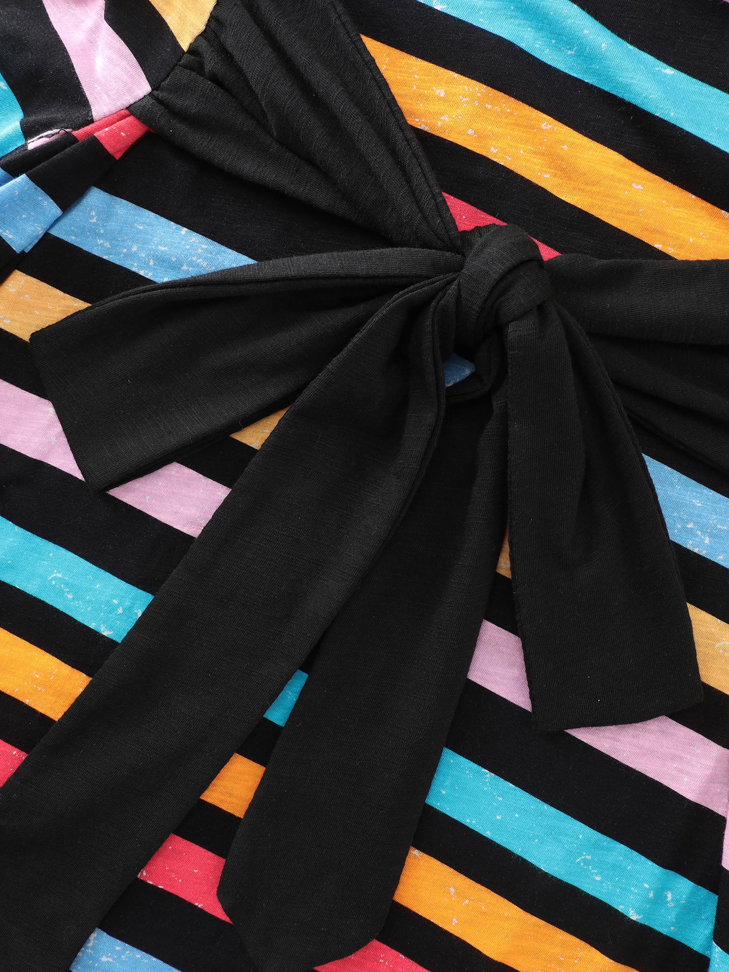 Cotton Stretchy Colorful Striped V-Neckline Midi Dress