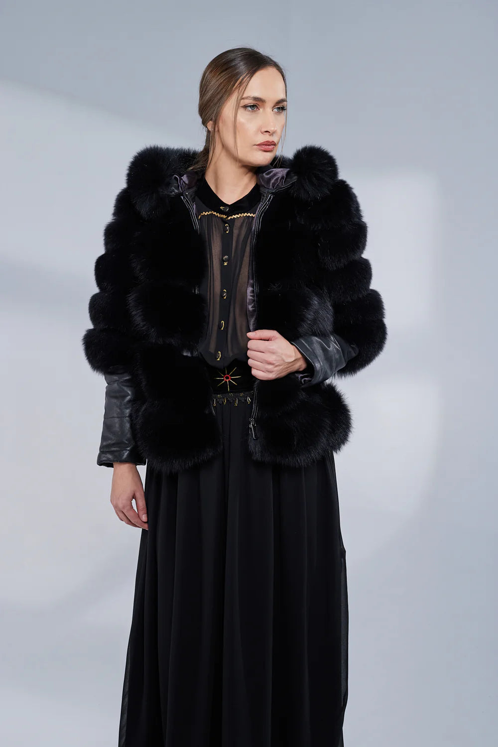 Haină din Blană Naturală de Vulpe, cu Glugă și Mâneci din Piele, Obsidian 251