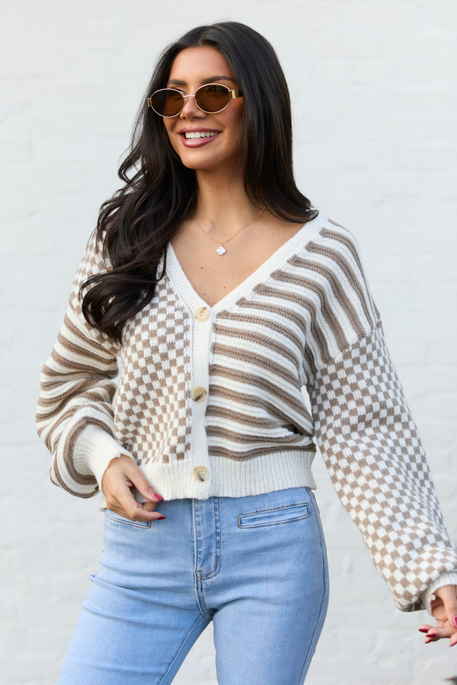Samara Checkered And Stripes Brown And Cream Cardigan