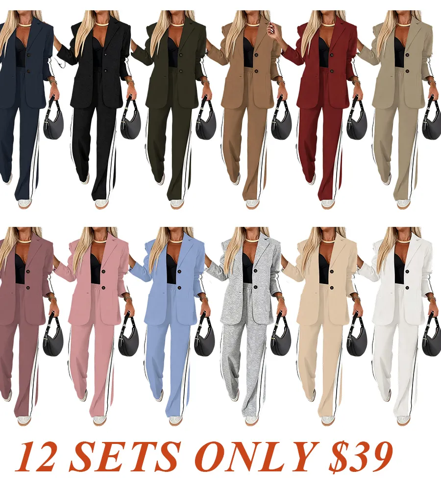 Women's Striped Print Blazer Jacket & Wide Leg Pants Set