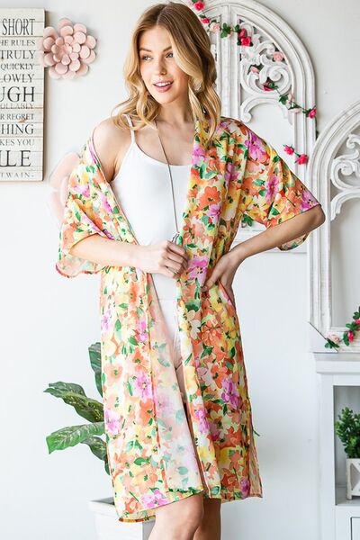 Full Size Half Sleeve Multi Color Floral Open Cardigan