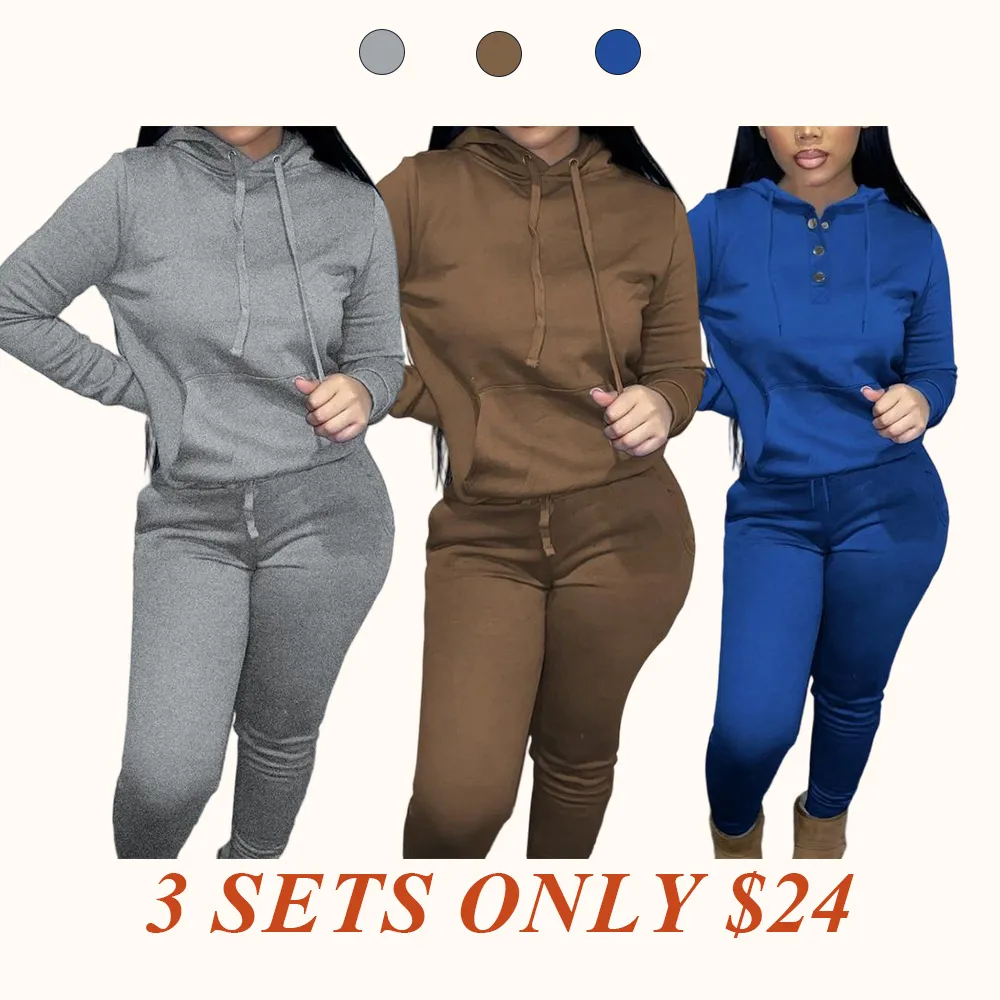 Women's Solid Drawstring Hoodie & Pocket Sweatpants Two-piece Set