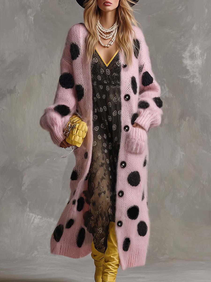 Vintage Fashion Lazy Front Button Black Polka Dot Pink Imitation Rabbit Fur Knitted Long-sleeved Cardigan