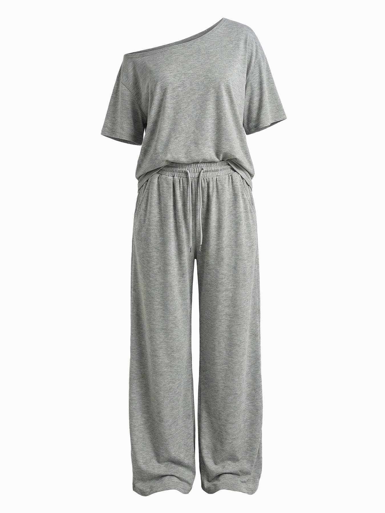 Women's Minimalist Basic Daily Wear Going Out Sport Comfortable Off Shoulder T-Shirt And Wide Leg Pants Two Pieces Outfits