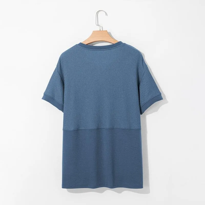 2026 Spring/Summer Cozy Oversized Waffle Knit V-Neck Top Women's Short Sleeve Pullover