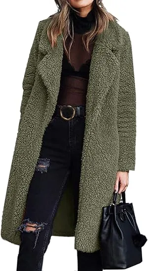 Women's Fuzzy Fleece Lapel Open Front Long Cardigan Coat Faux Fur Warm Winter Outwear Jackets Clothing Set
