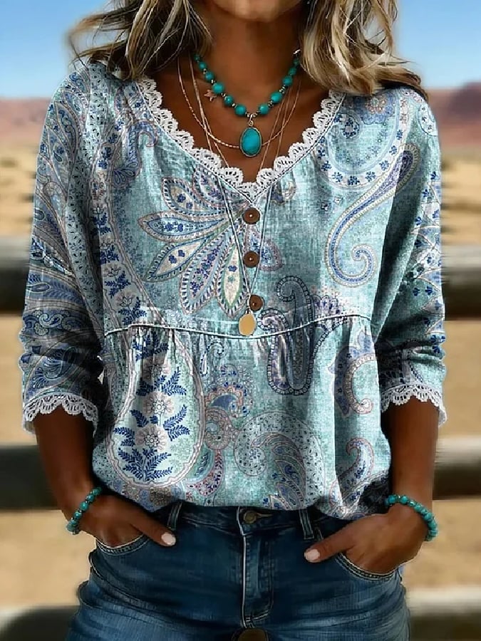 Women's Casual Retro Floral Print Cotton-Linen Cutout Top