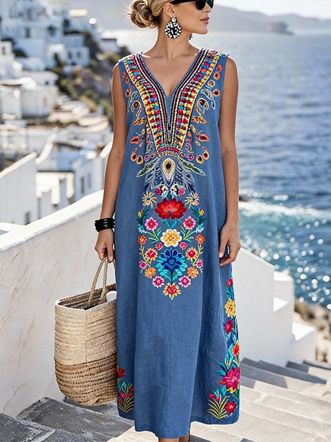 Women'S Casual Color-Block Cotton And Linen Dress- Fast Shipping
