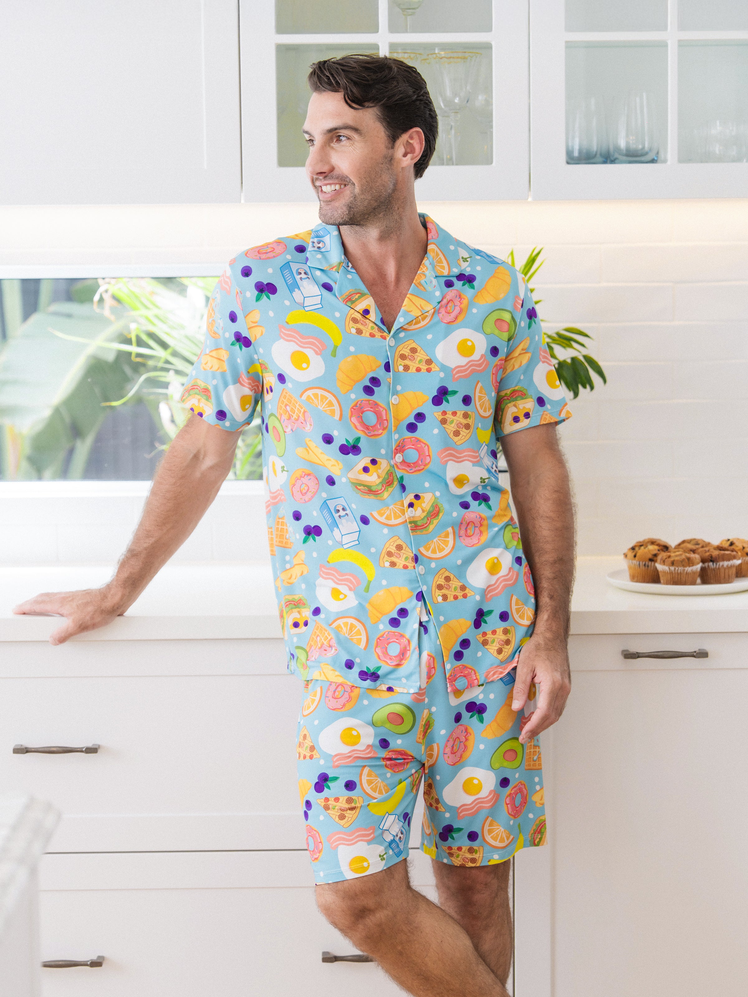 Family Matching Bamboo Pajamas Soft Bamboo Viscose PJs for Men Women Kids Toddler, Fun Food & Fruit Print Short-sleeve Sleepwear Blue