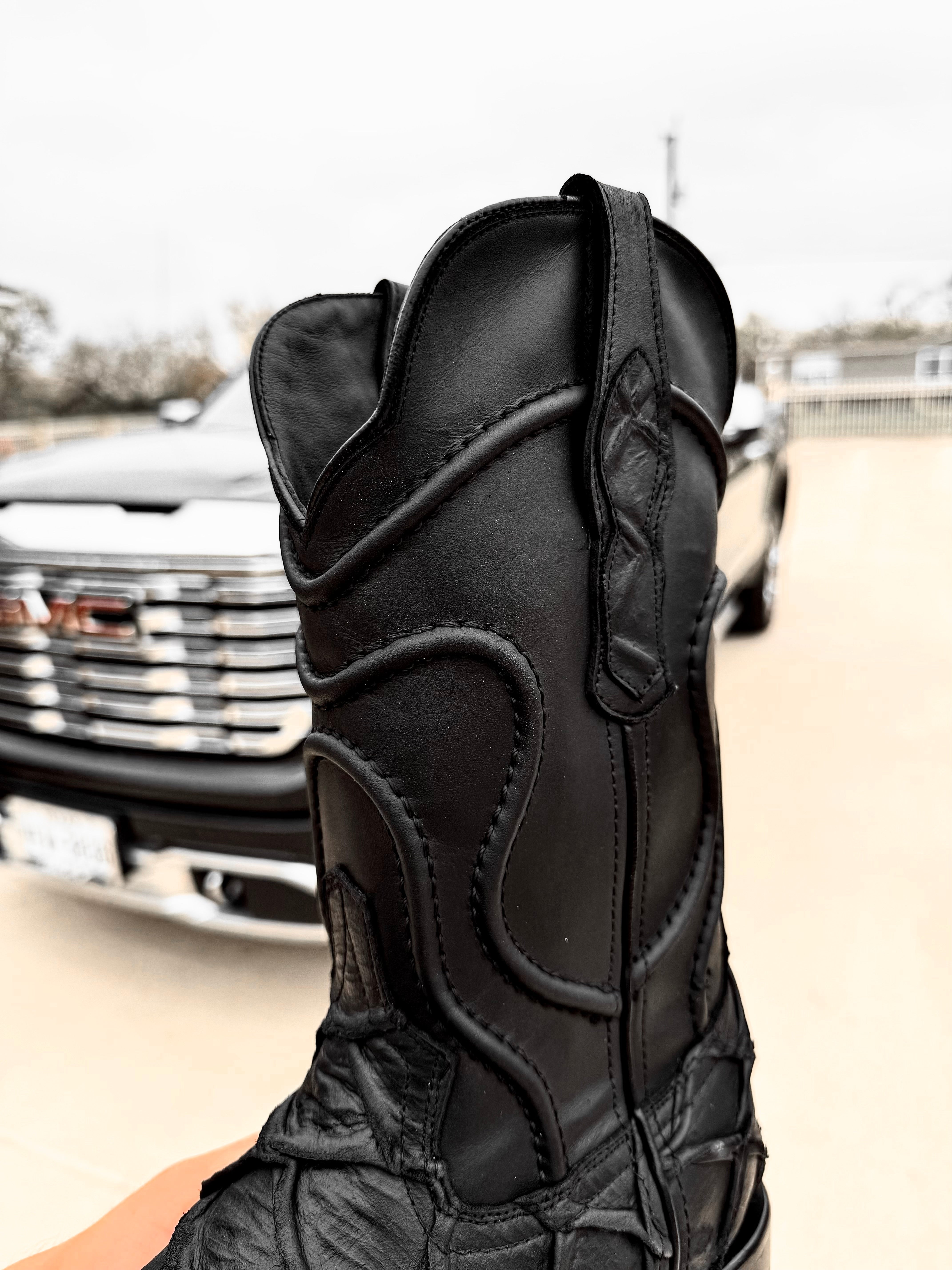 Matte Black Pirarucu Leather Boots - Square Toe