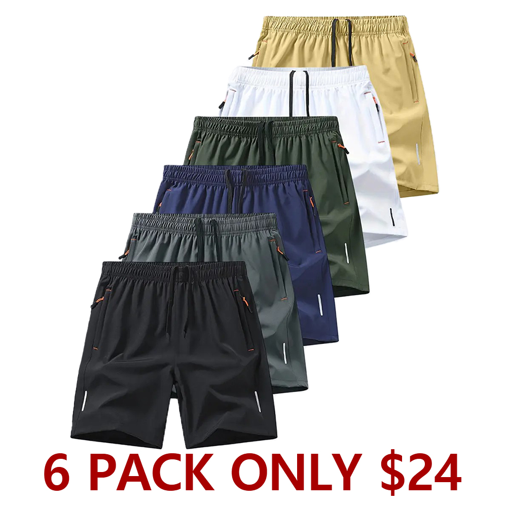 6-Piece Men’s Ice Silk Quick-Dry Shorts, Zipper Pockets, Reflective Strip, Plus Size, for Sports & Casual