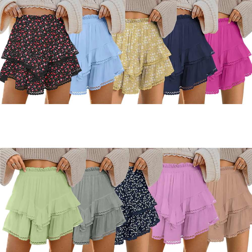 Womens Flowy Ruffle Shorts High Waist Pleated Mini Skirts Casual Boho Ruffle Tiered Skorts Cute Versatile Fashion Shorts
