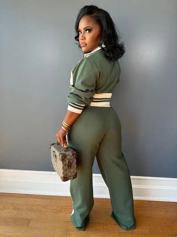 Women's Colorblock Print Zip Up Long Sleeve Crop Jacket & Pants Two-piece Set