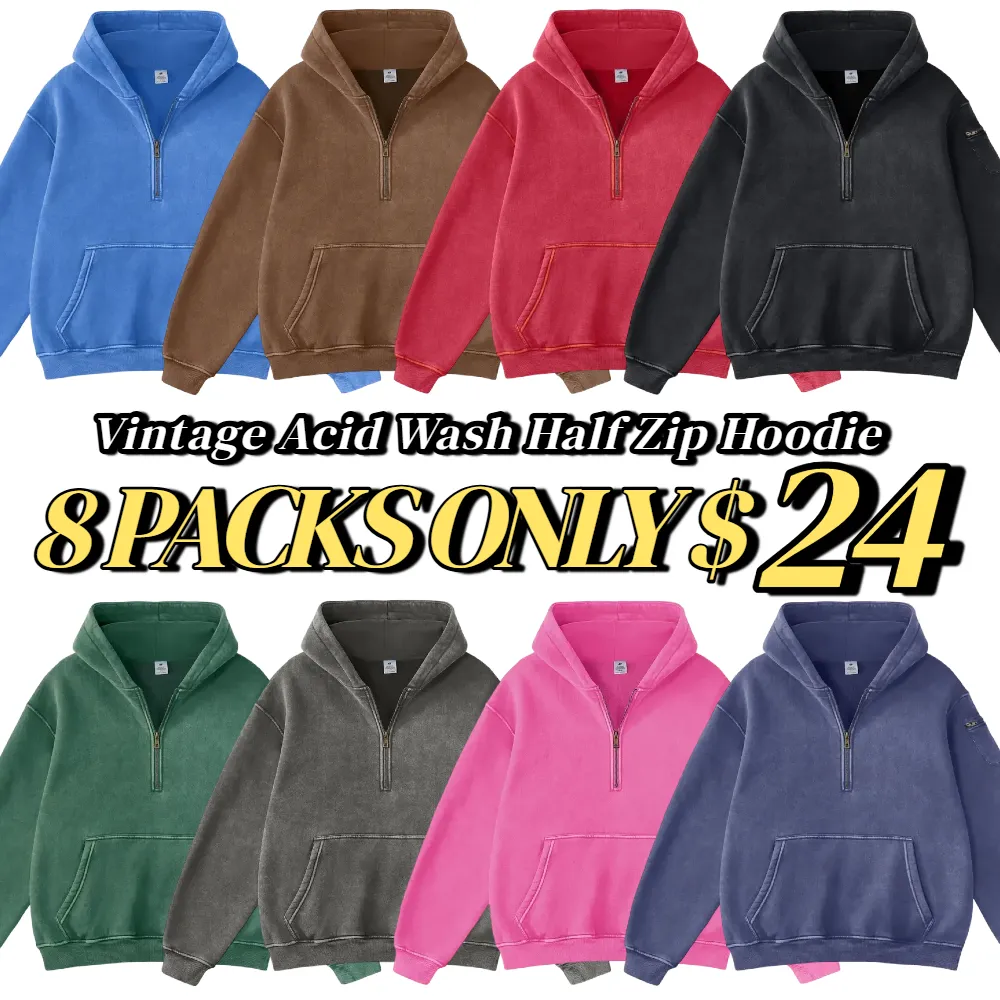 Unisex Vintage Acid Washed Half Zip Fleece Hoodie