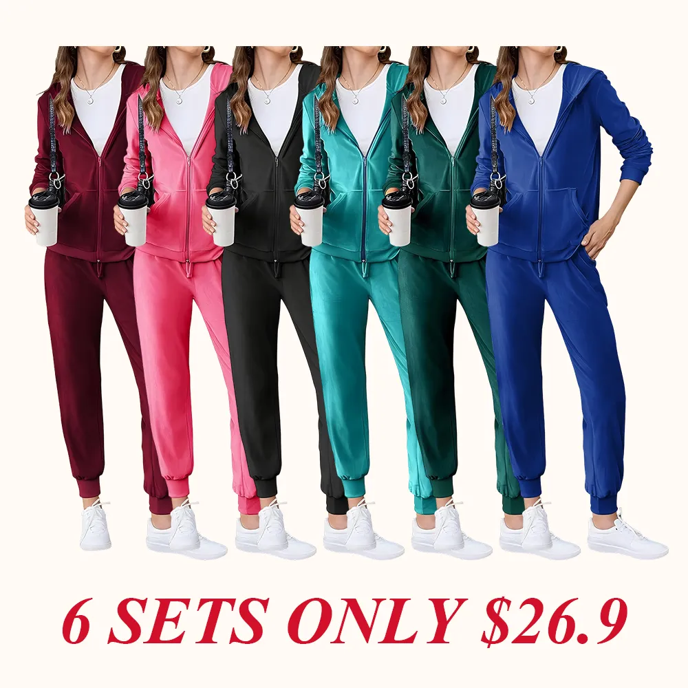 Women's Casual Velour Tracksuit Set Full Zipper Hoodie