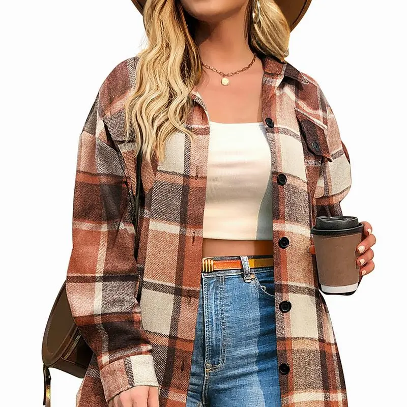 Womens Plus Size Shacket Jacket Flannel Plaid Long Sleeve