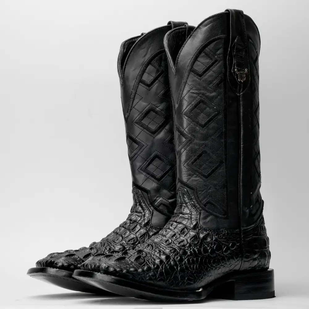 Black Caiman Neck Leather Boots - Square Toe