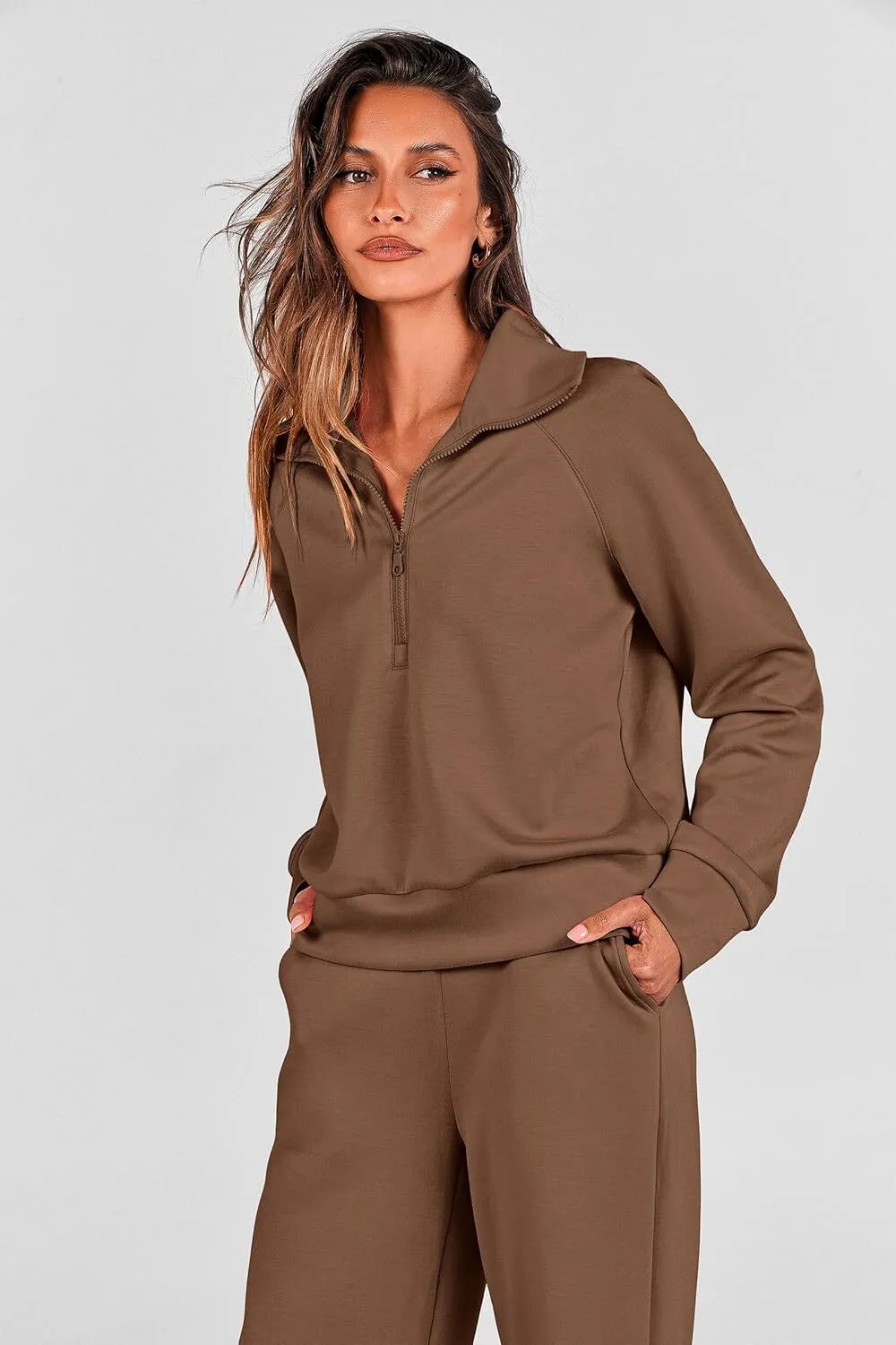 🔥Final Day Clearance!🛒Women's 2 Piece Outfits Casual Lapel Half Zip Sweatshirts And Wide Leg Pants Tracksuit Sets