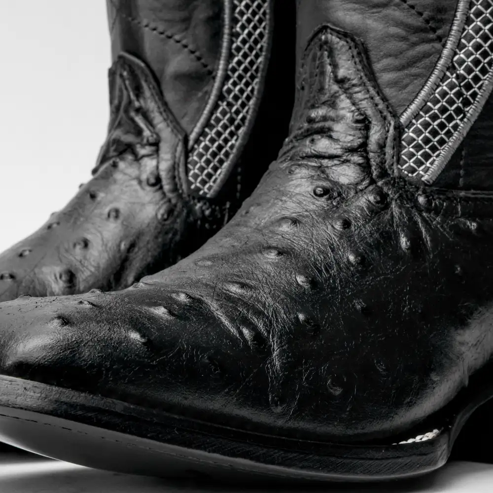 Black Ostrich Leather Boots - Square Toe