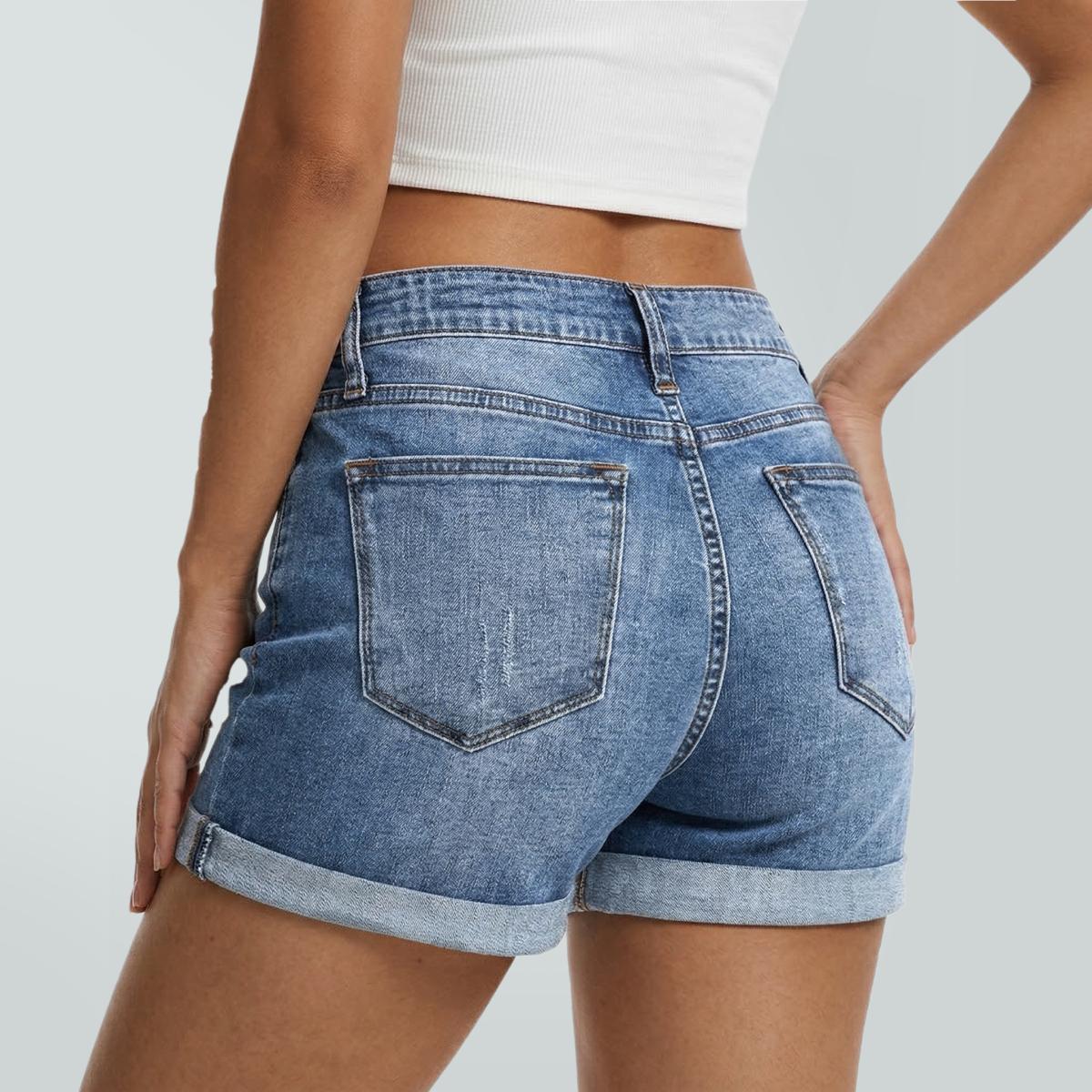 Mother's Day Sale💕Non-Stretch High Rise Raw Hem Ripped Jean Shorts Rigid Denim