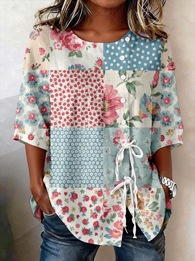 Women's Retro Floral Button Lace Up Tie Shirt- Fast Shipping