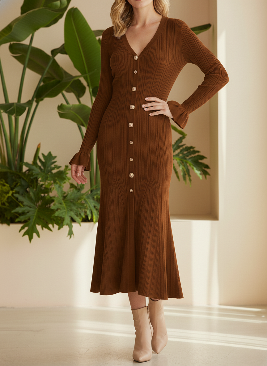 NEW🔥 Casual Solid V-Neck Woolen Dress