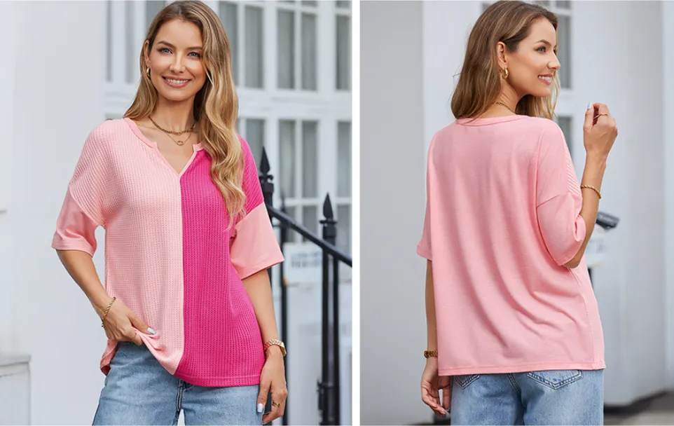 Womens Half Sleeve Waffle Knit Shirts V Neck Colorblock Blouses