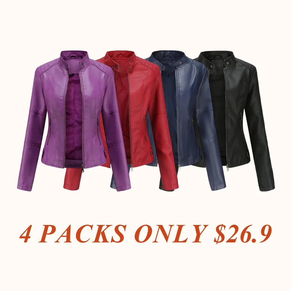 Women's Slim Fit Faux Leather Jacket Stand Collar Motorcycle Style Spring Autumn