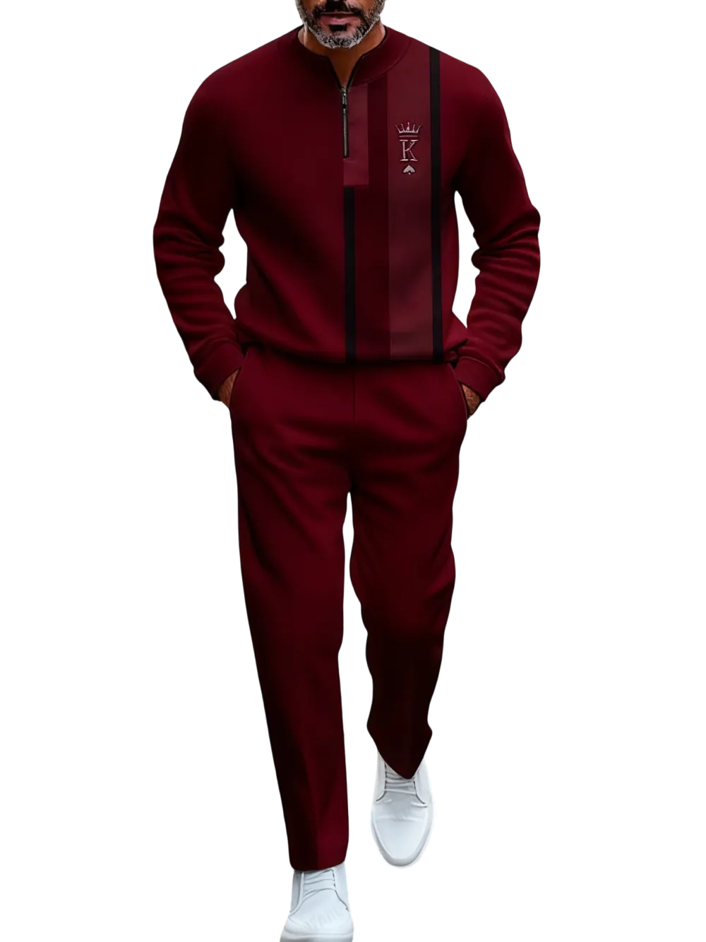 Men's Fashion New Retro Beige & Brown Block Semi-Cardigan Set