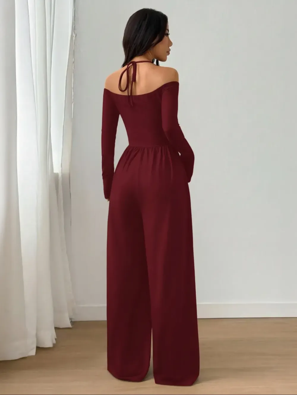 Women's Casual Solid Color Ruched Wide Leg Jumpsuit with Halter-Neck, Stylish and Comfortable Jumpsuit for Daily Wear
