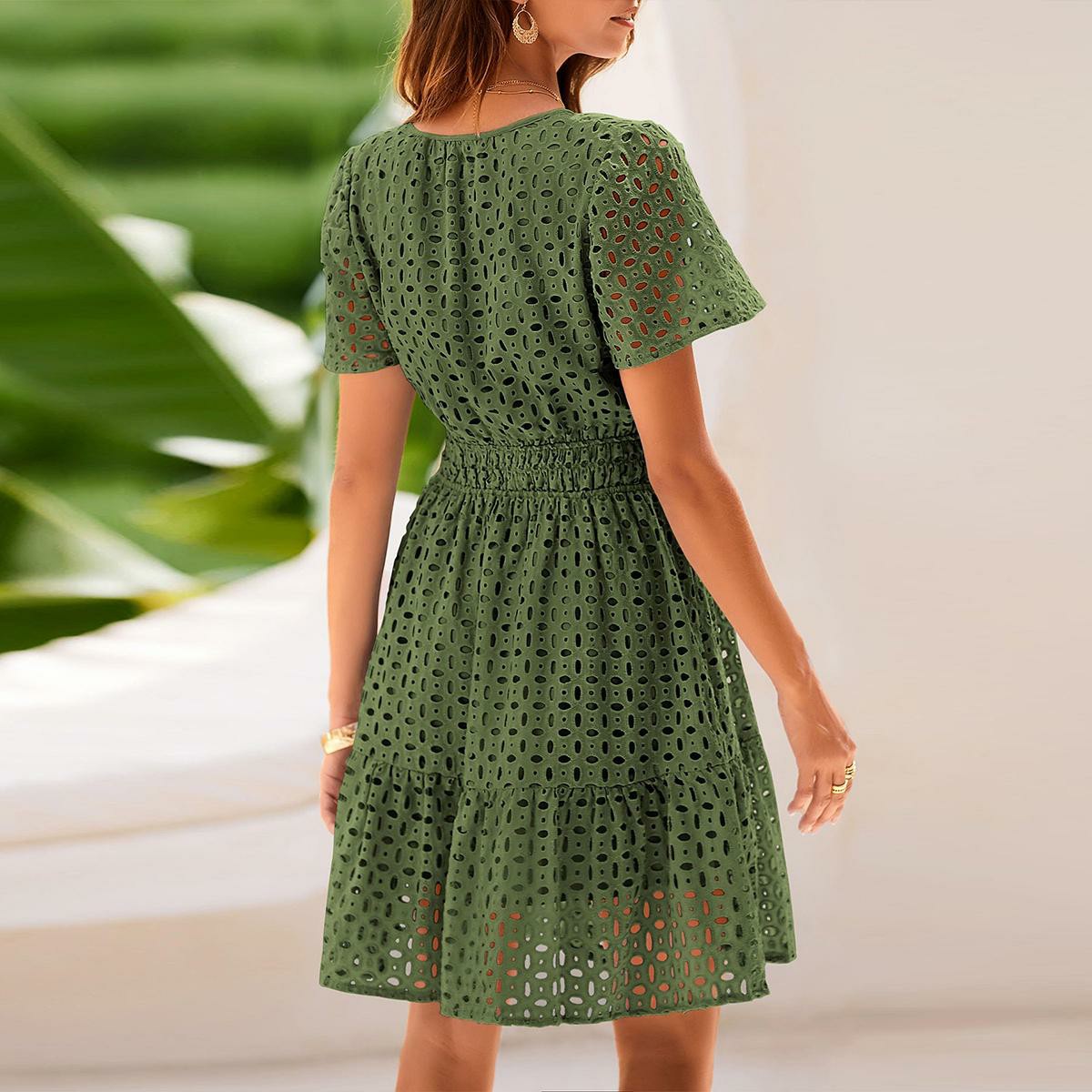 Women’s Eyelet Lace A-Line Summer Dress – V-Neck Ruffle Casual Mini Dress