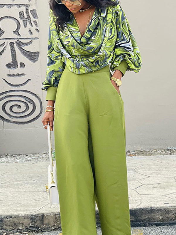 Printed Heaps Collar Long Sleeves Shirts Top + High Waisted Pants Bottom Two Pieces Set