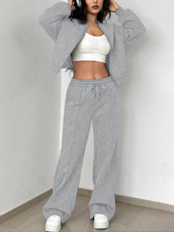 Two-piece Set Women's Solid Zip Up Drop Shoulder Jacket & Pocket Elastic Waist Pants