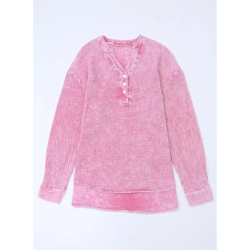 Women's Casual Button V Neck Long Sleeve Shirts Oversized Solid Blouses Tops