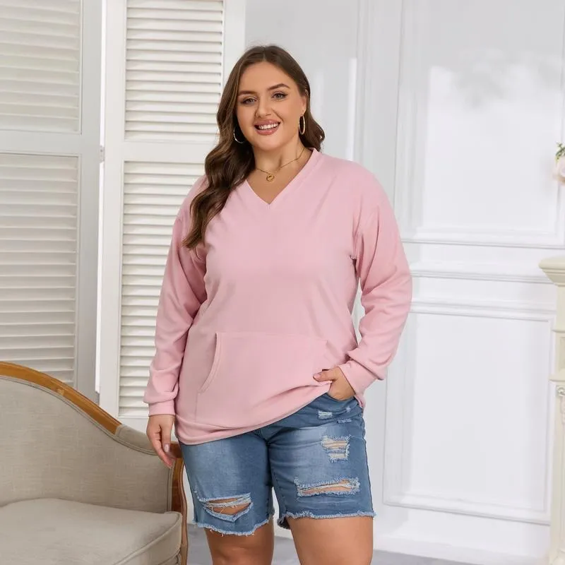 Women's hoodless V-neck fleece long-sleeved shirt with kangaroo pocket