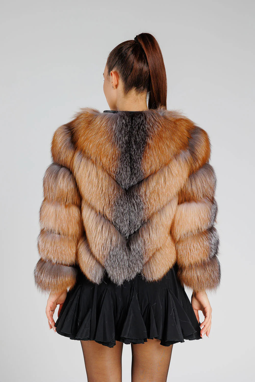 Haină din Blană Naturală de Vulpe Argintie, Transformabilă, V Model, cu Glugă Detașabilă, Femei, Brown Frost 380