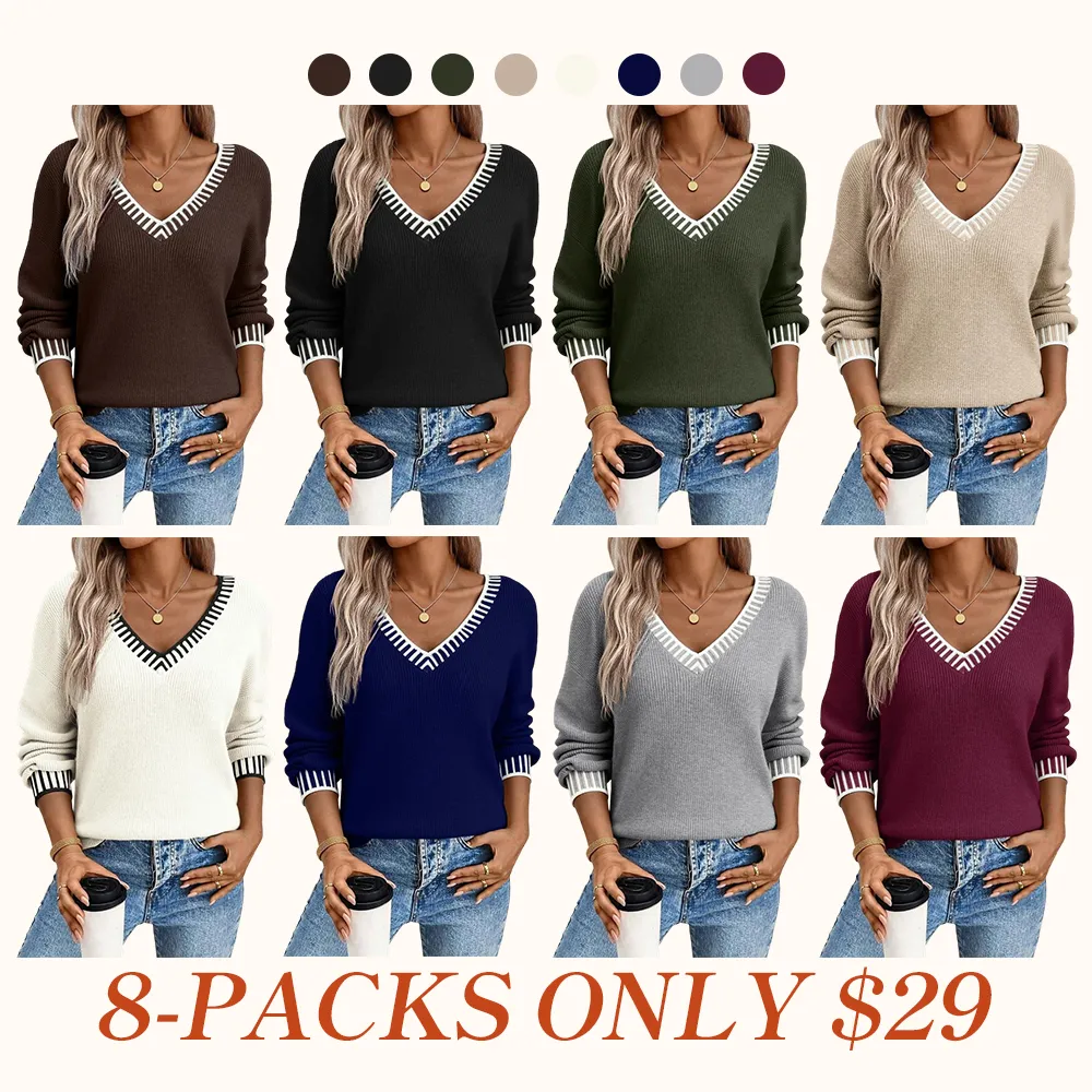 Womens Sweaters Long Sleeve V neck Warm Pullover Knit Tops