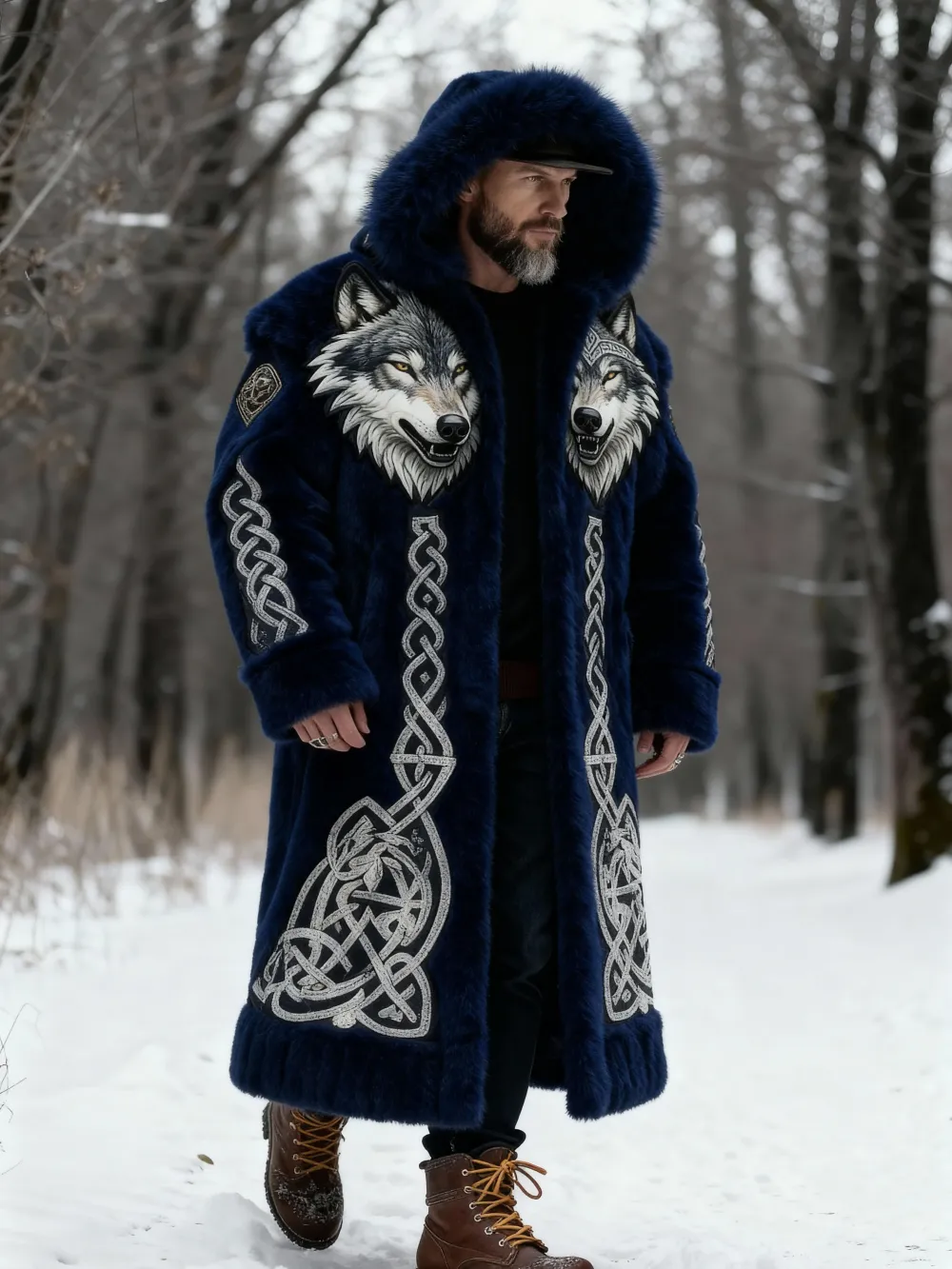 Men's Viking Wolf Fur Length Coat