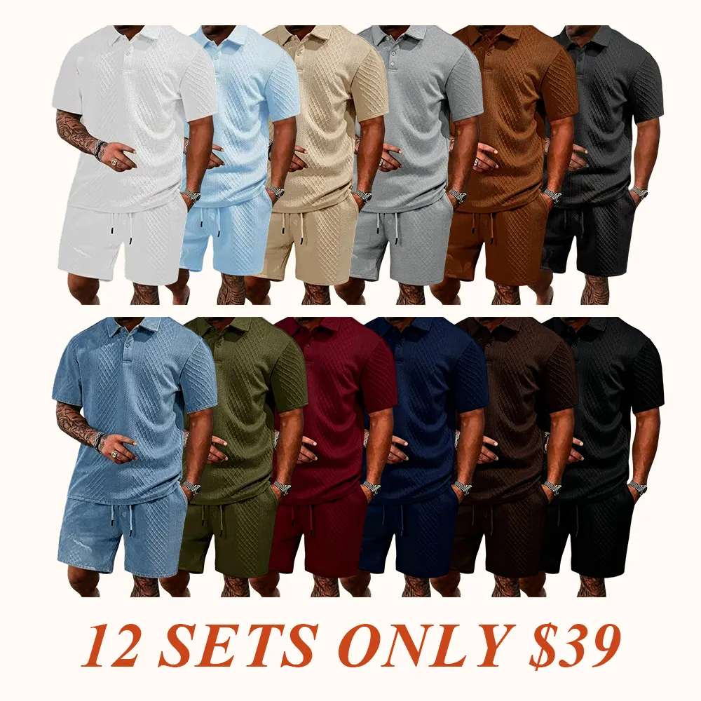 Men's summer casual texture fabric solid color polo shirt T-shirt shorts 2-piece set