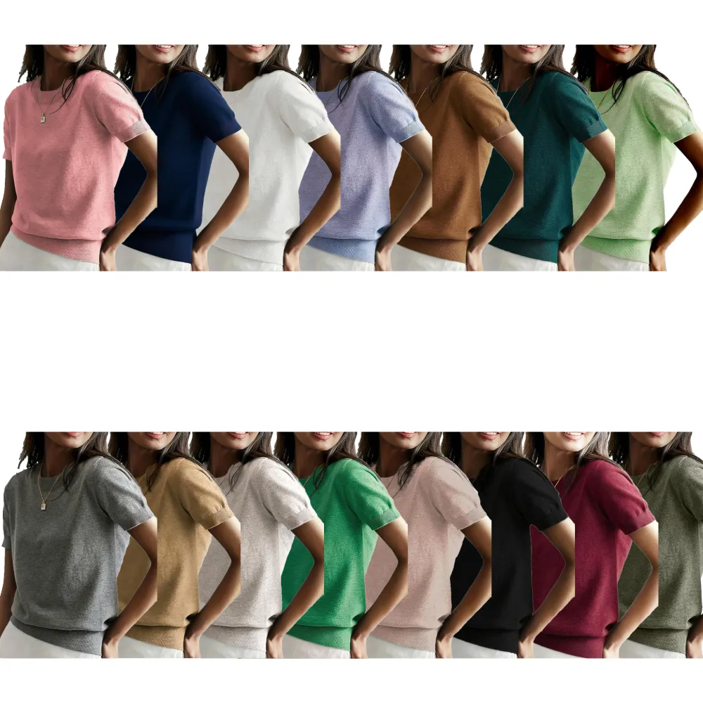 Women's solid-color crew neck short-sleeved sweater, suitable for everyday wear.