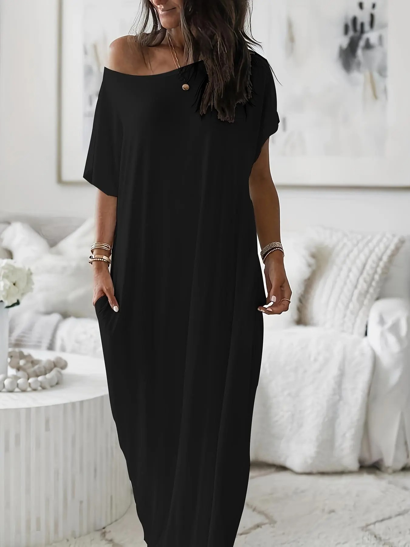 Women’s Relaxed Batwing Maxi Lounge Dress with Pockets